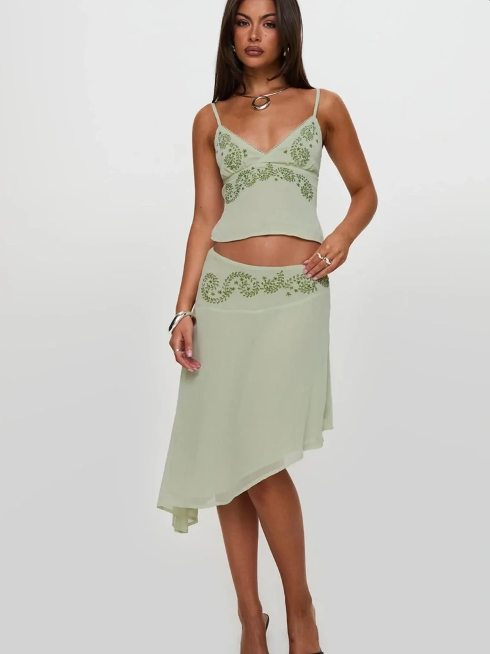 Princess Polly Sage Green Embroidered Spaghetti Strap Skirt Set - Picture 1 of 9